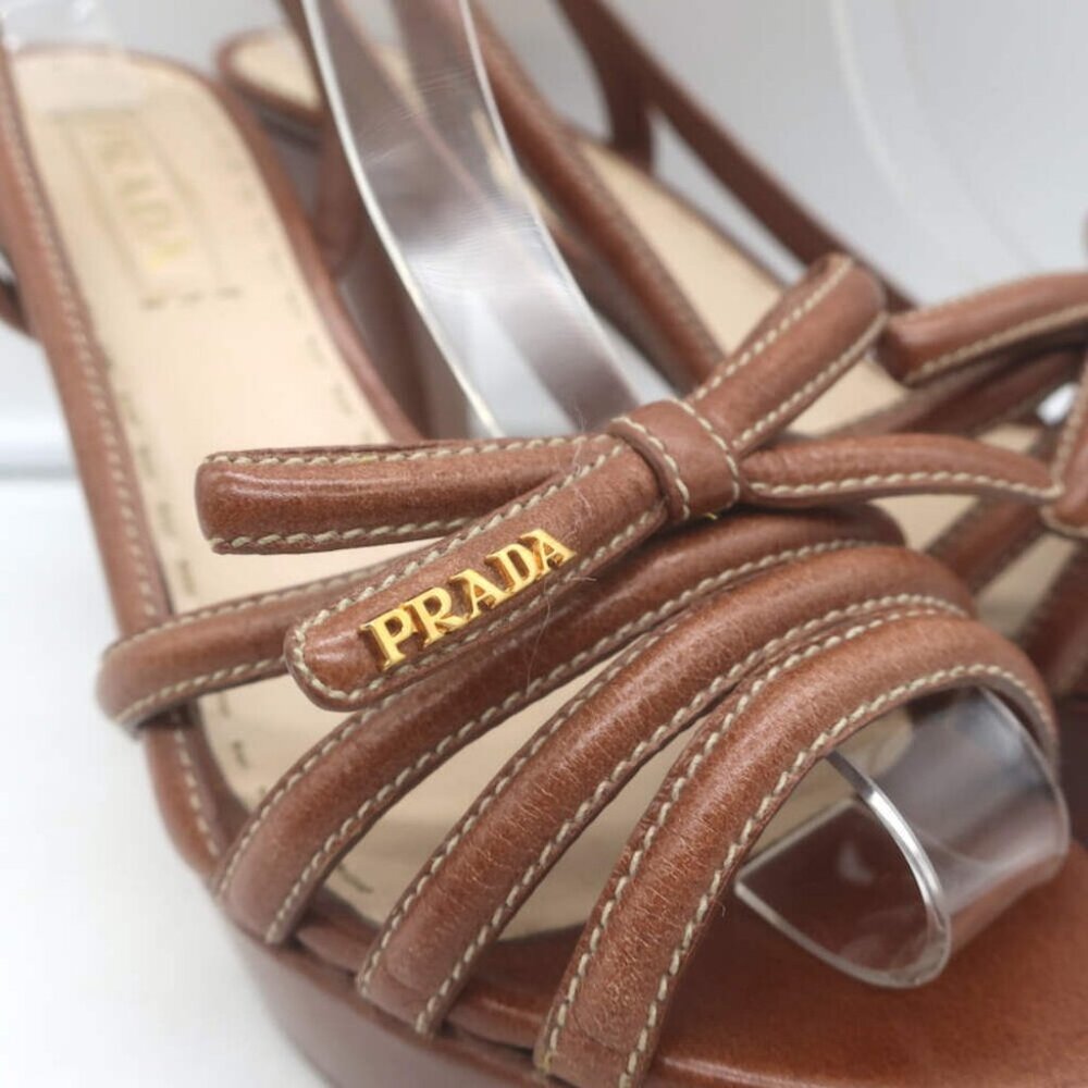 Prada Slingback Bow Sandals Brown Leather Size 37.5 Open Toe Platform Heels - Picture 2 of 16